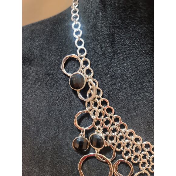 Women's Statement Necklace Silver Chain With Black Faceted Stones Lobster Lock - Picture 5 of 6